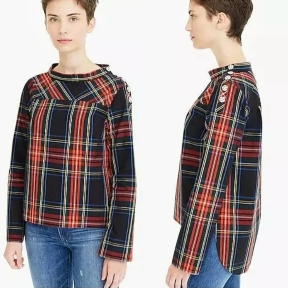 J. Crew Funnelneck shirt in Stewart tartan with jeweled buttons size 4